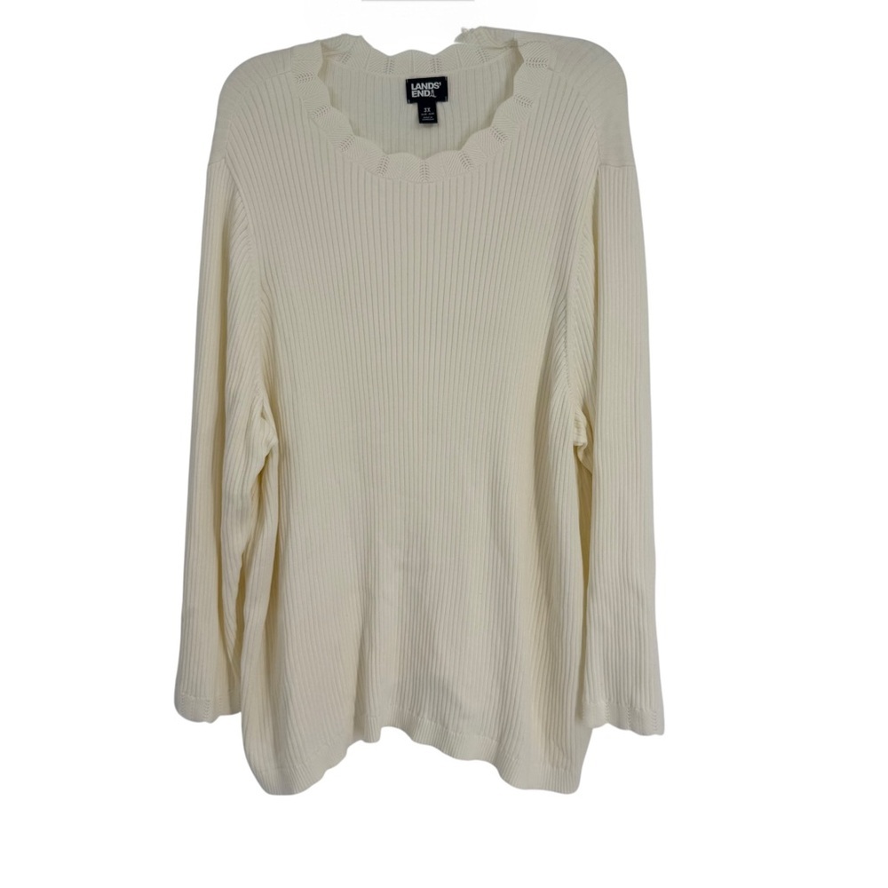 Lands’ End Rib Knit Sweater 3X Cream Women's Crew Neck Cotton Scallop Hems